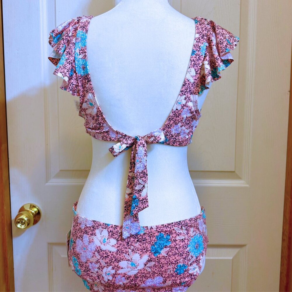 Peach, White, Turquoise Print Ruffle Bikini Set Medium Top Small Bottom - Picture 6 of 6